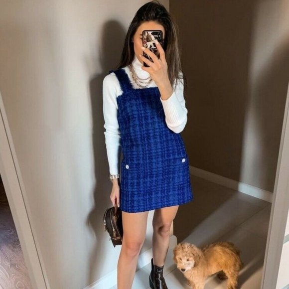 NWT Brand New: Zara textured tweed blue pinafore dress - Picture 1 of 8